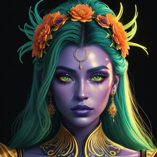 Synthwave Woman with Gold Skin and Peacock Feathers