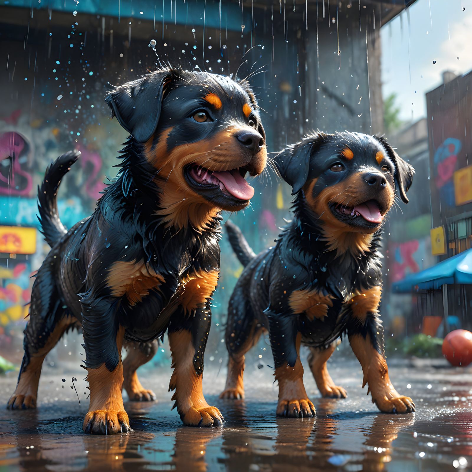 Surreal Rottweiler Puppy Plays Football in Comic Book Rain