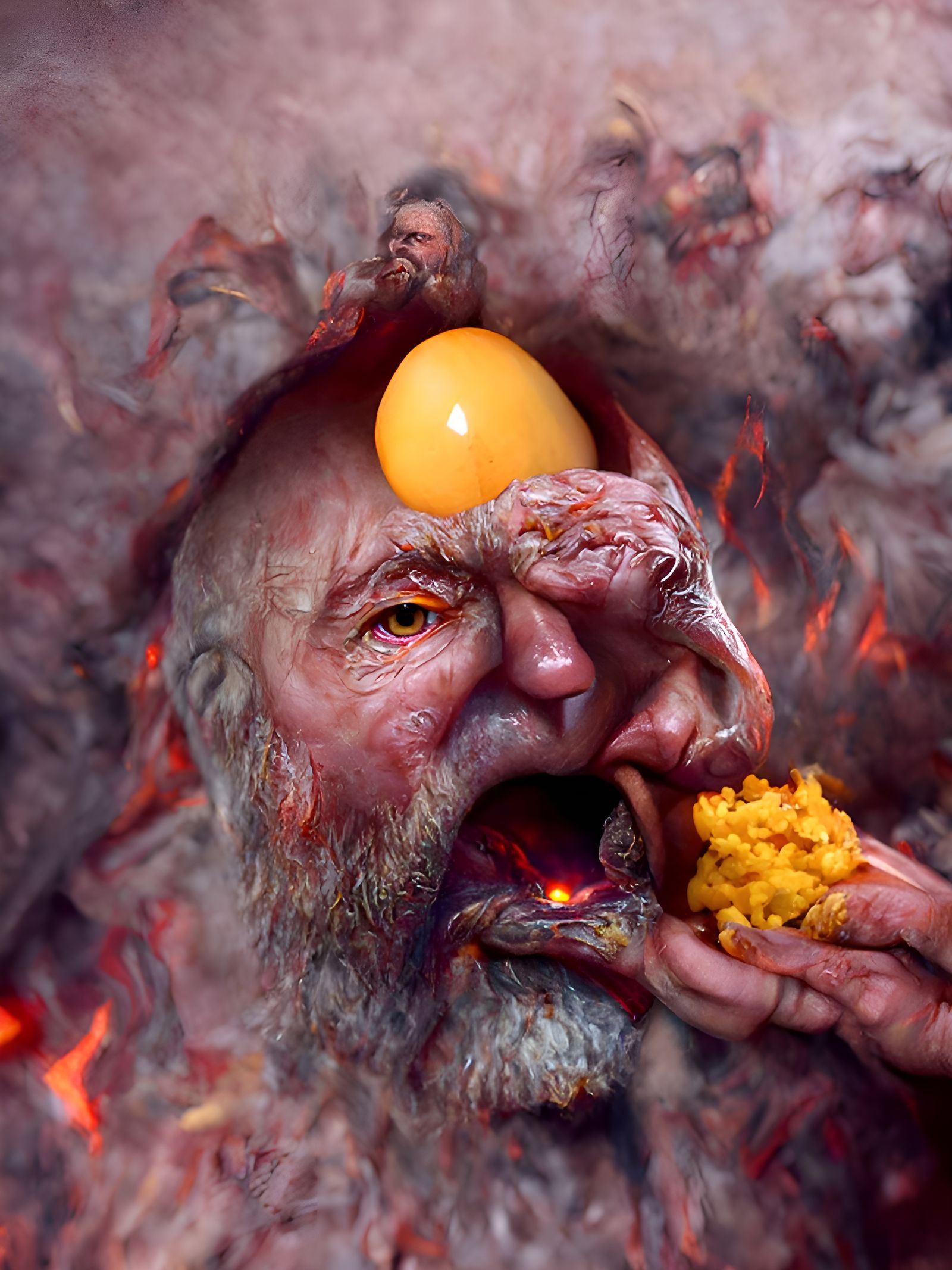 Man Eats Raw Egg in Hell: Detailed Digital Painting