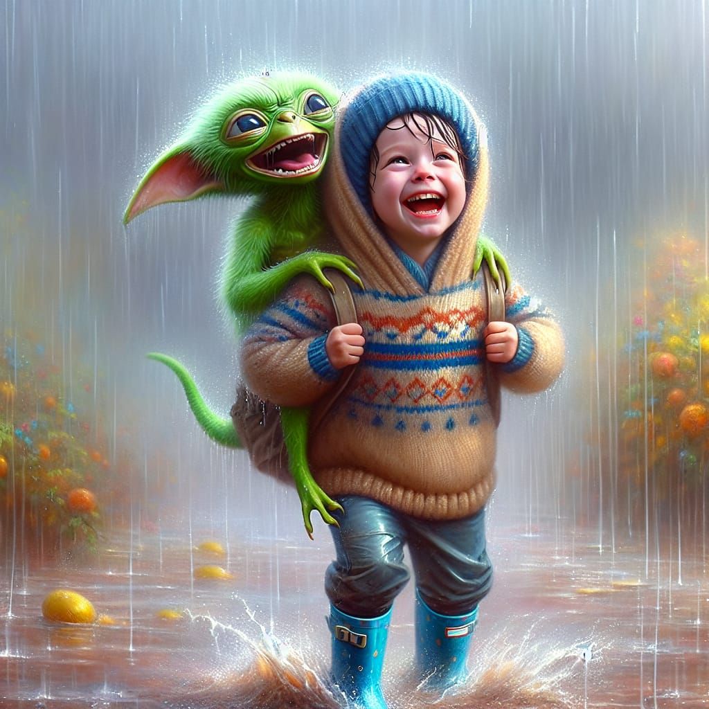 Boy and Green Alien in Dreamlike Oil Painting