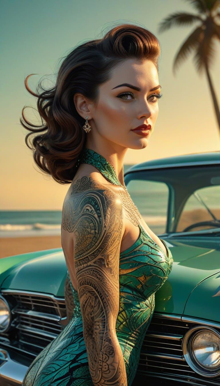 Sultry 1950s Pin-up Girl Surrounded by Vibrant Sunset Colors