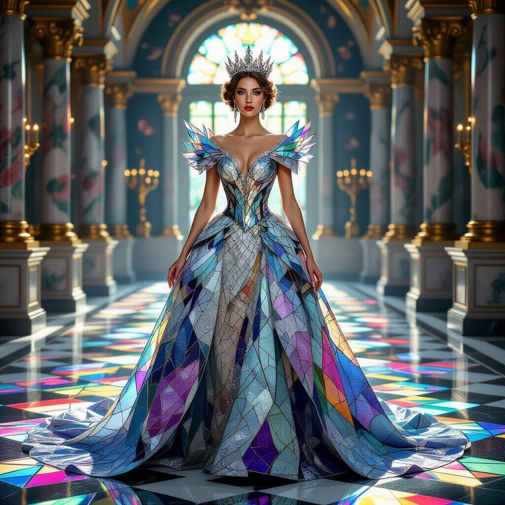 Regal Queen in Stained Glass Gown with Art Nouveau Elegance