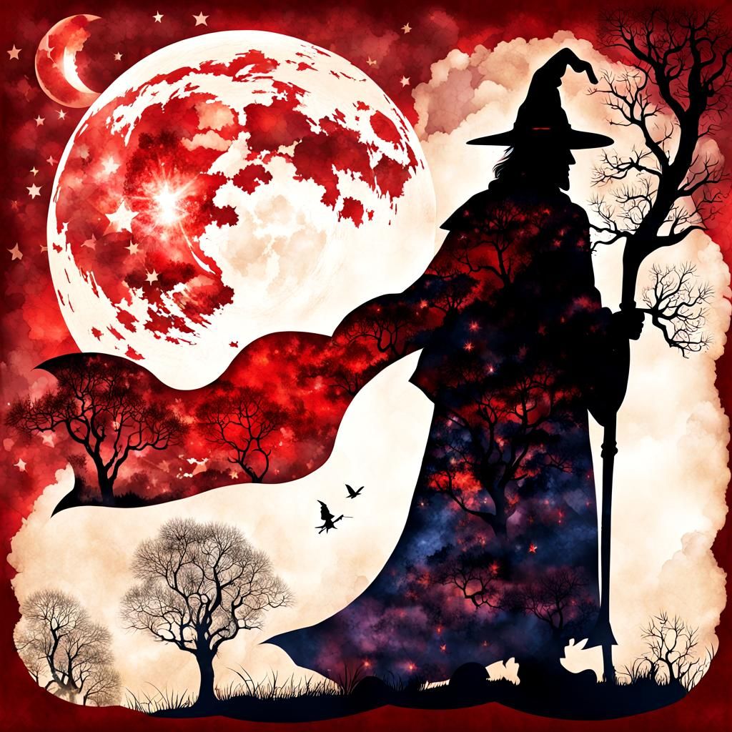 Wizard Portrait with Moonlight Silhouette in Decoupage Style