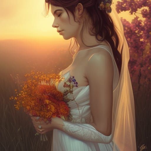 Sunset Wedding Dress Portrait in Art Nouveau Style