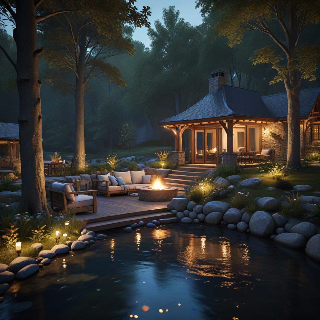 Enchanted Forest River Cabin at Night