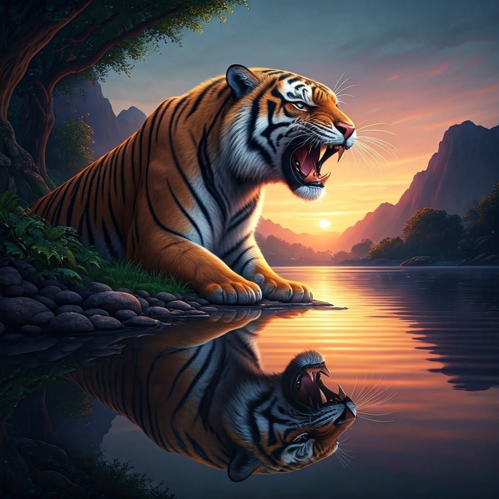 Tiger Roars Near Tranquil River at Sunset