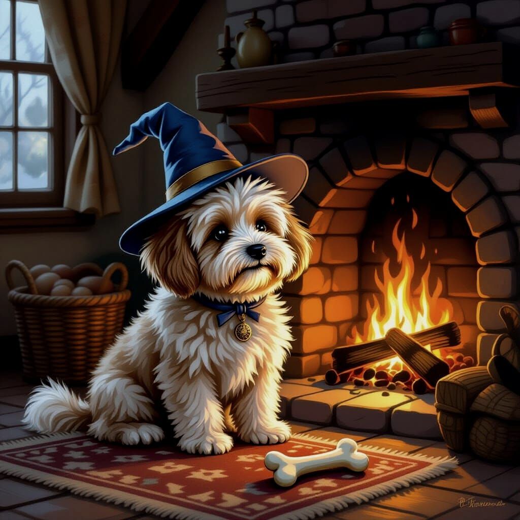 Fluffy Dog in Wizard Hat by Fireplace