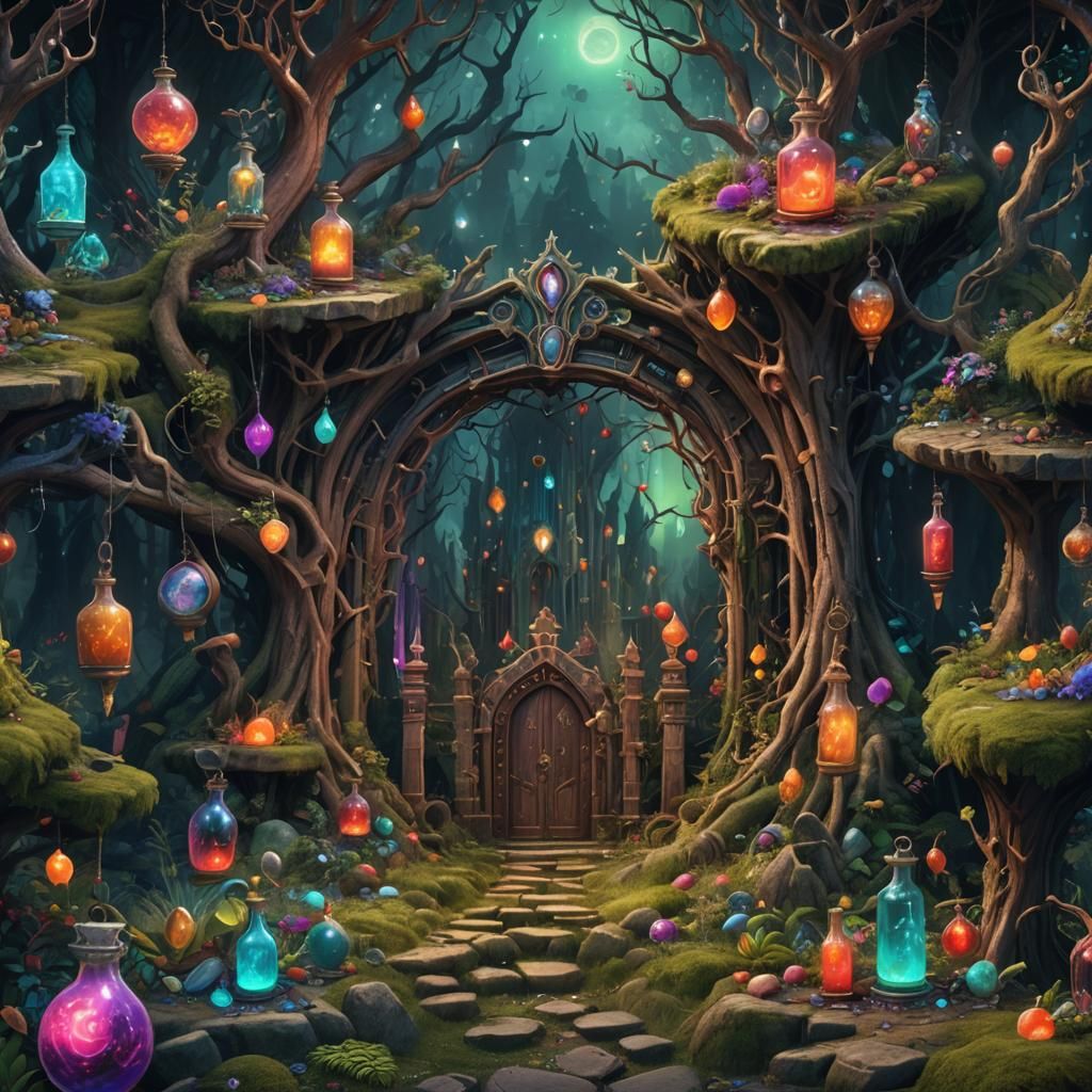 Magical Forest Gateway with Supernatural Potions