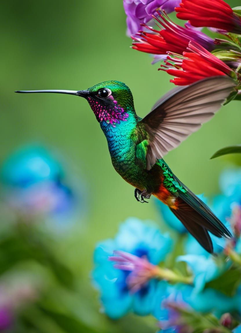 Hummingbird at Turquoise Flowers, Artgerm Style