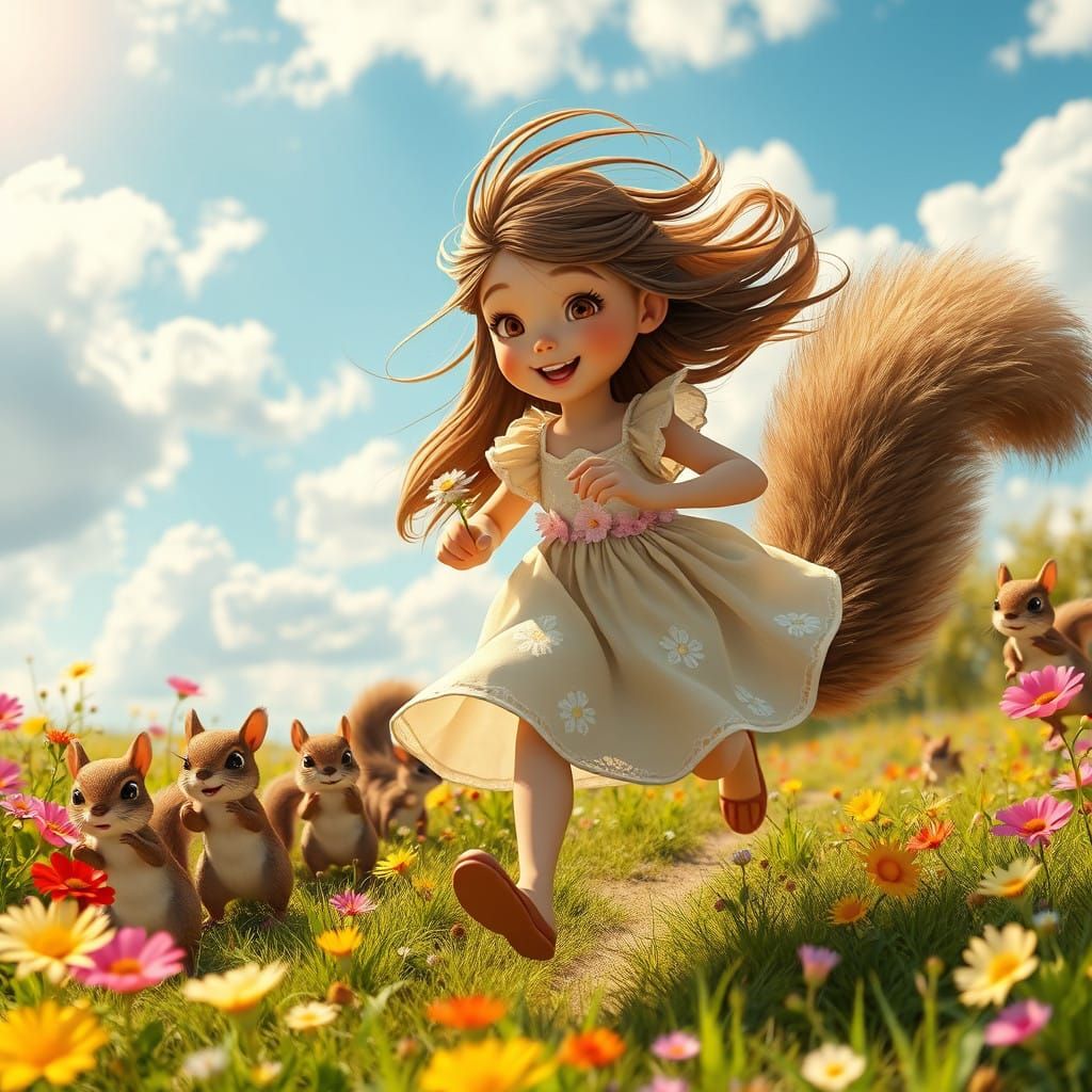Whimsical Girl and Squirrel in Vibrant Meadow
