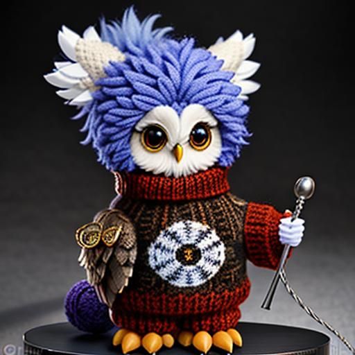 Adorable Chibi Owl with Blue Mohawk in Knitted Yarn