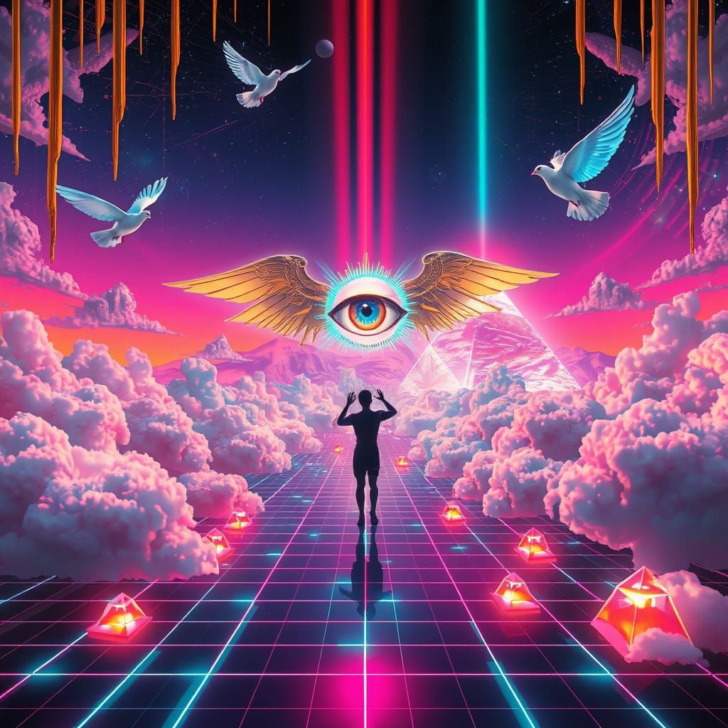 Surreal Cosmic Scene with Mechanical God Figure in Vibrant P...