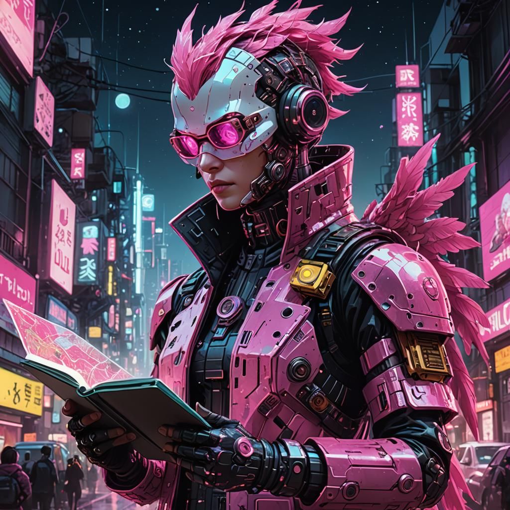 Cyberpunk Steampunk Chicken Hero in Pink Space