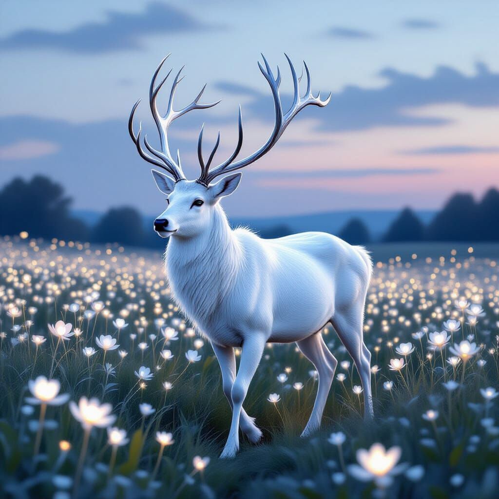 White Stag with Silver Antlers in Bioluminescent Field