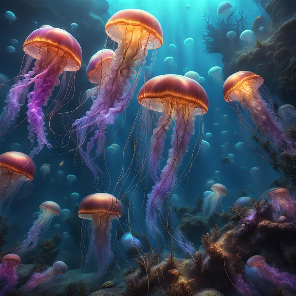 Iridescent Jellyfish Underwater in Detailed Matte Painting