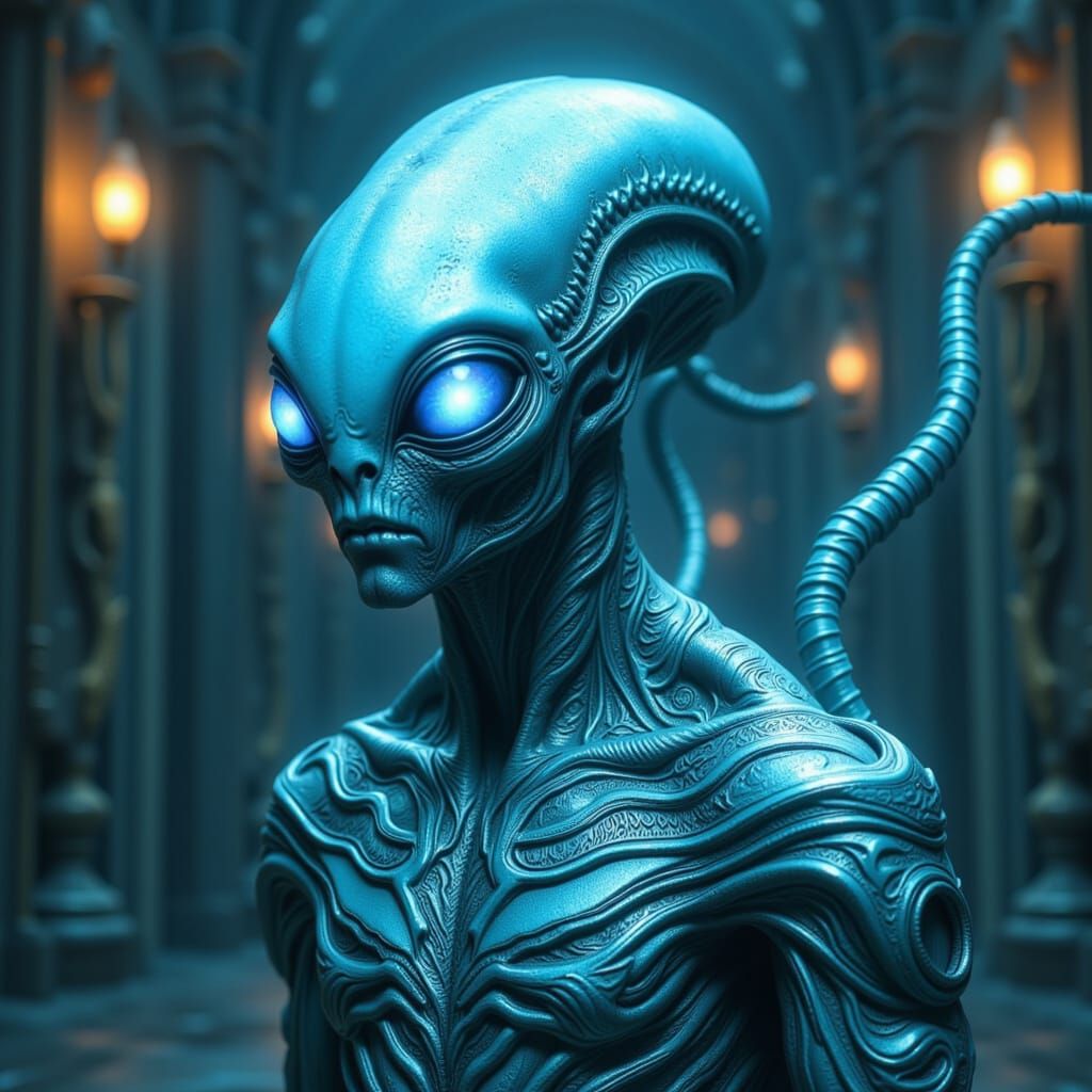 Blue-Skinned Alien Prince in Silver Armor