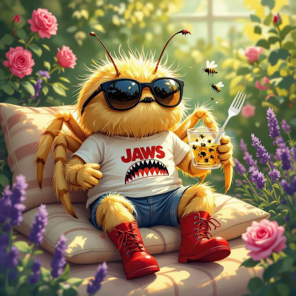 Golden Spider in Garden, Playful Character Design