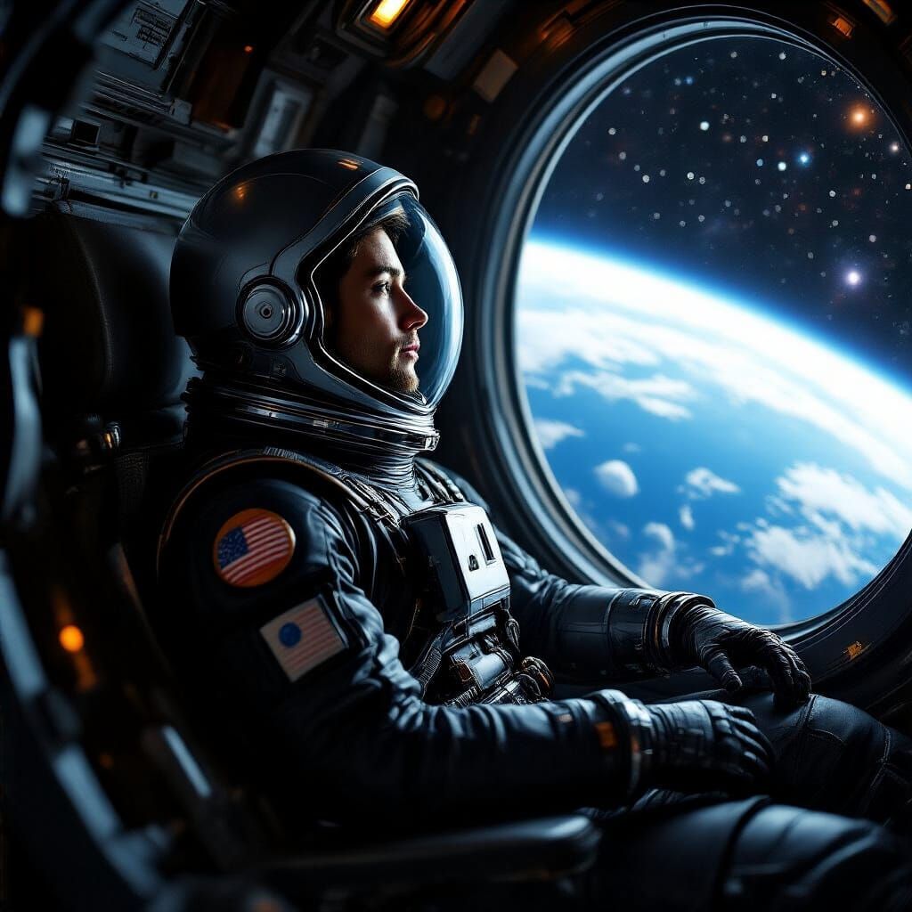 Astronaut Gazing at Earth in Spaceship Cabin