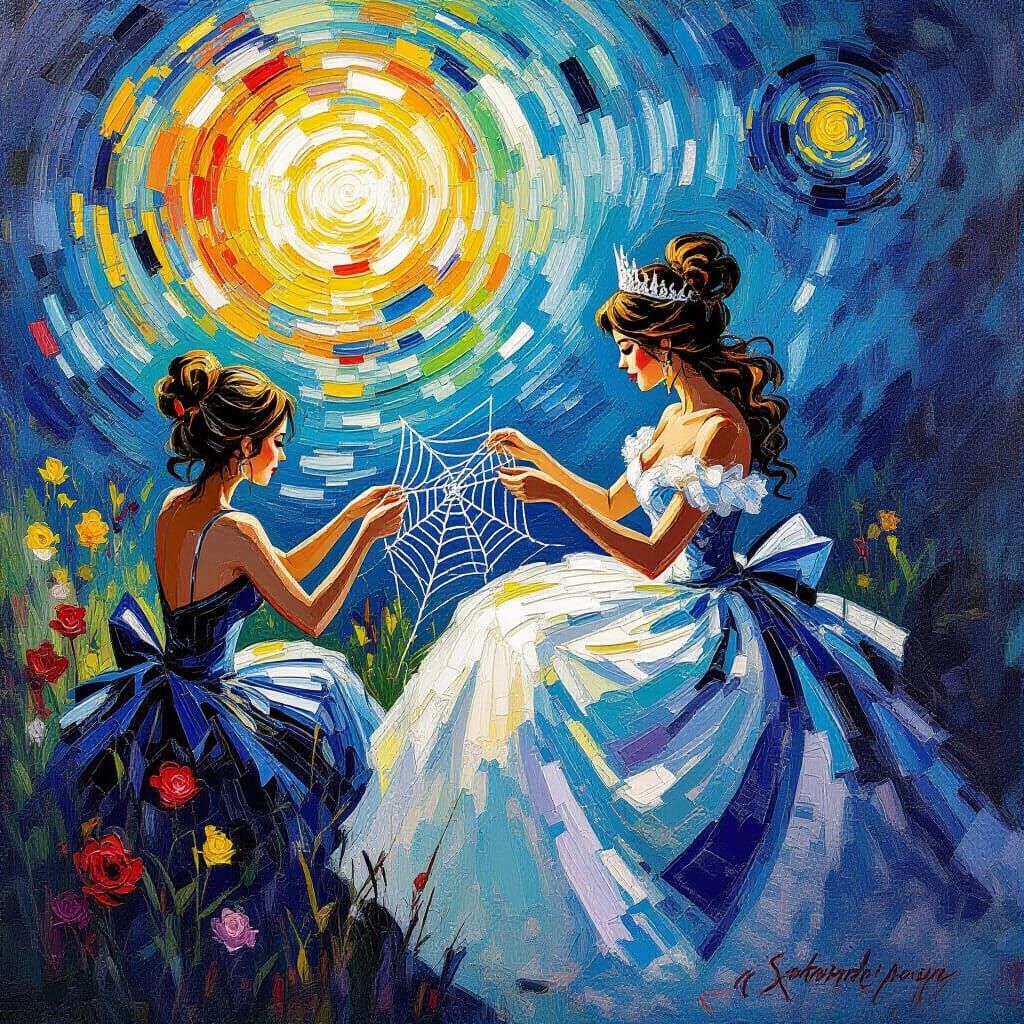 Spiders Weave Queen's Gown in Neo-Impressionist Style