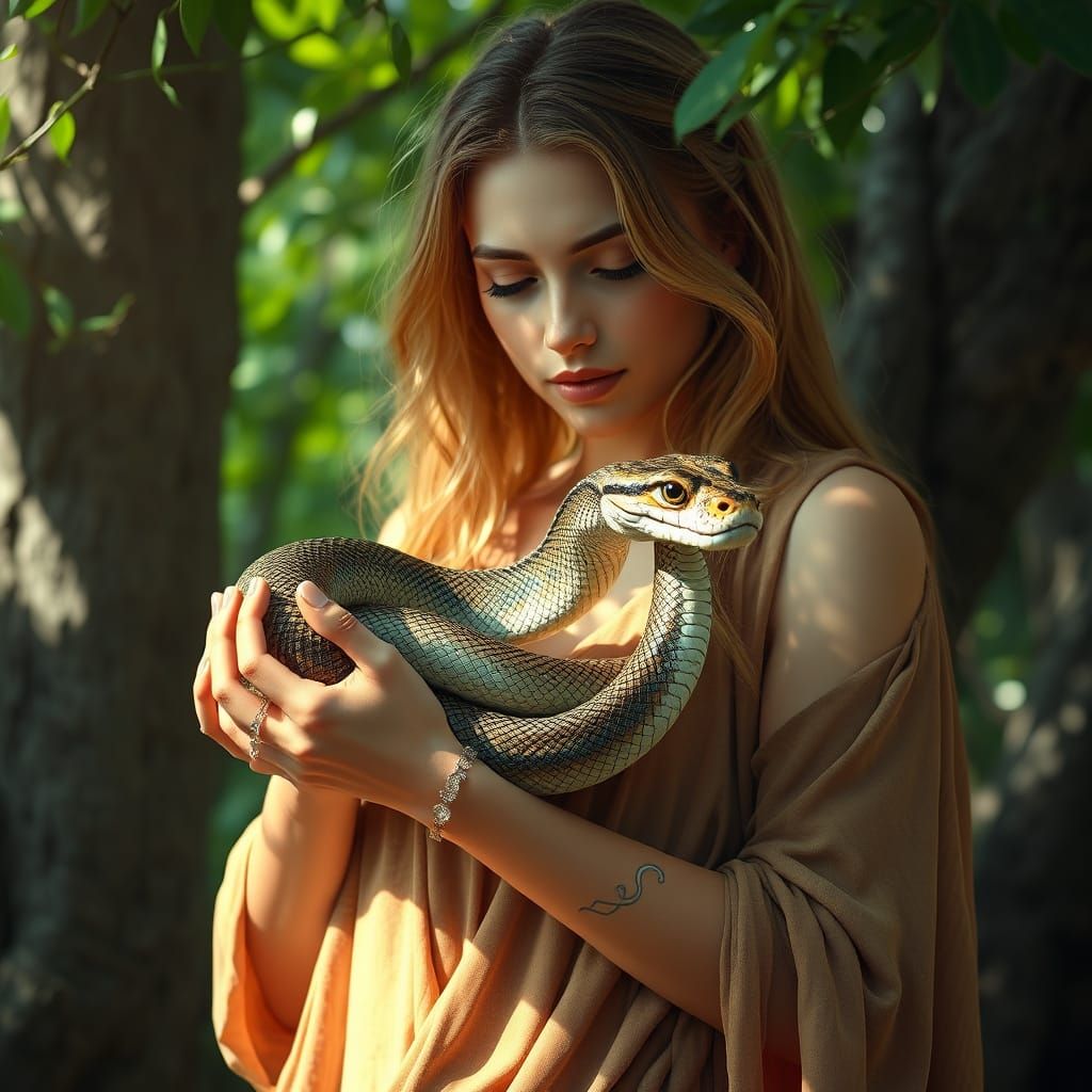 Young Woman with Serpent and Zodiac Symbols in a Fantastical...