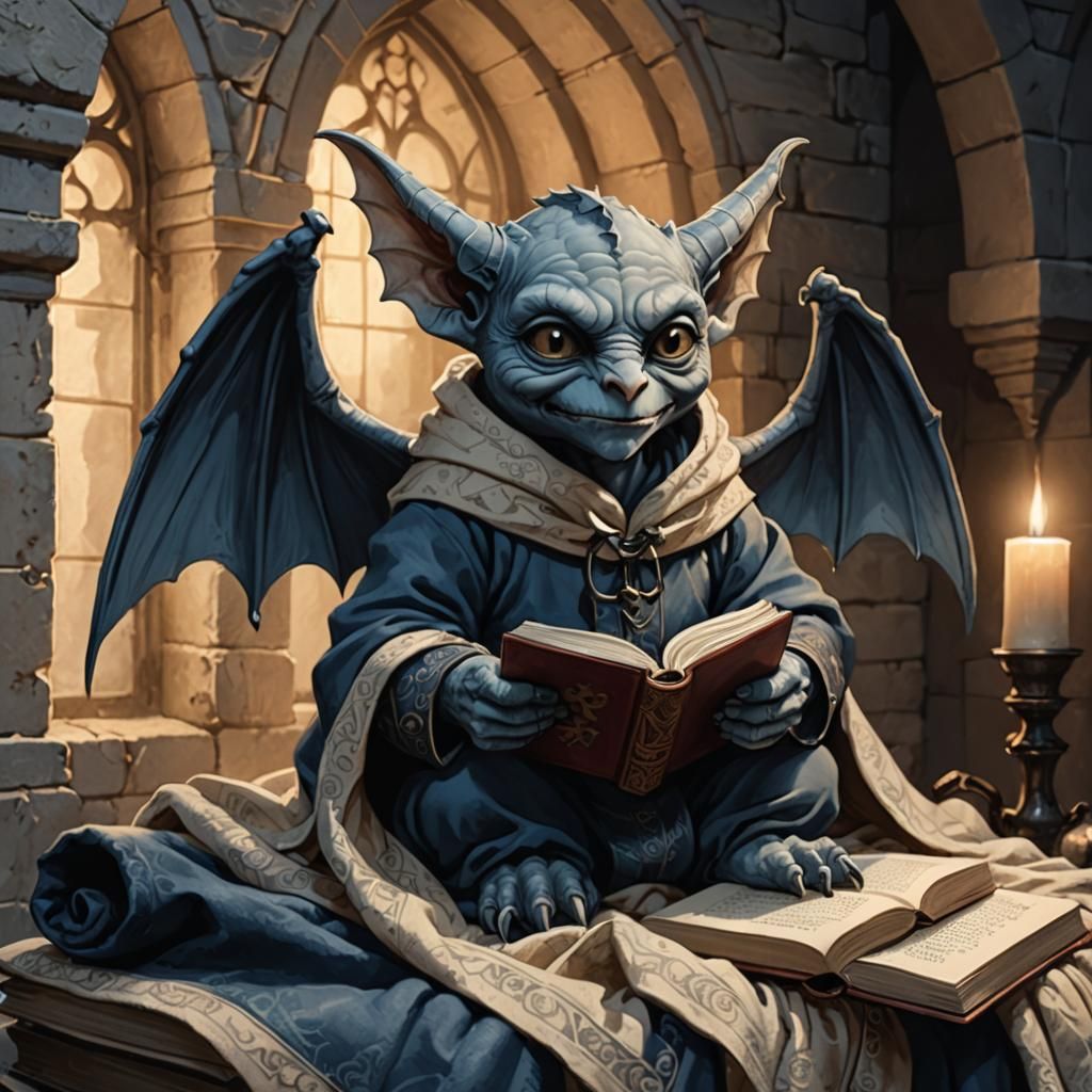 Cozy Demon Gargoyle in Gothic Fantasy Illustration