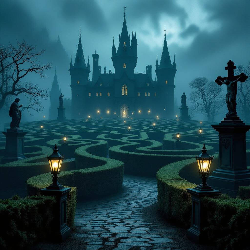 Ominous Hedge Maze Leading to Dracula's Castle