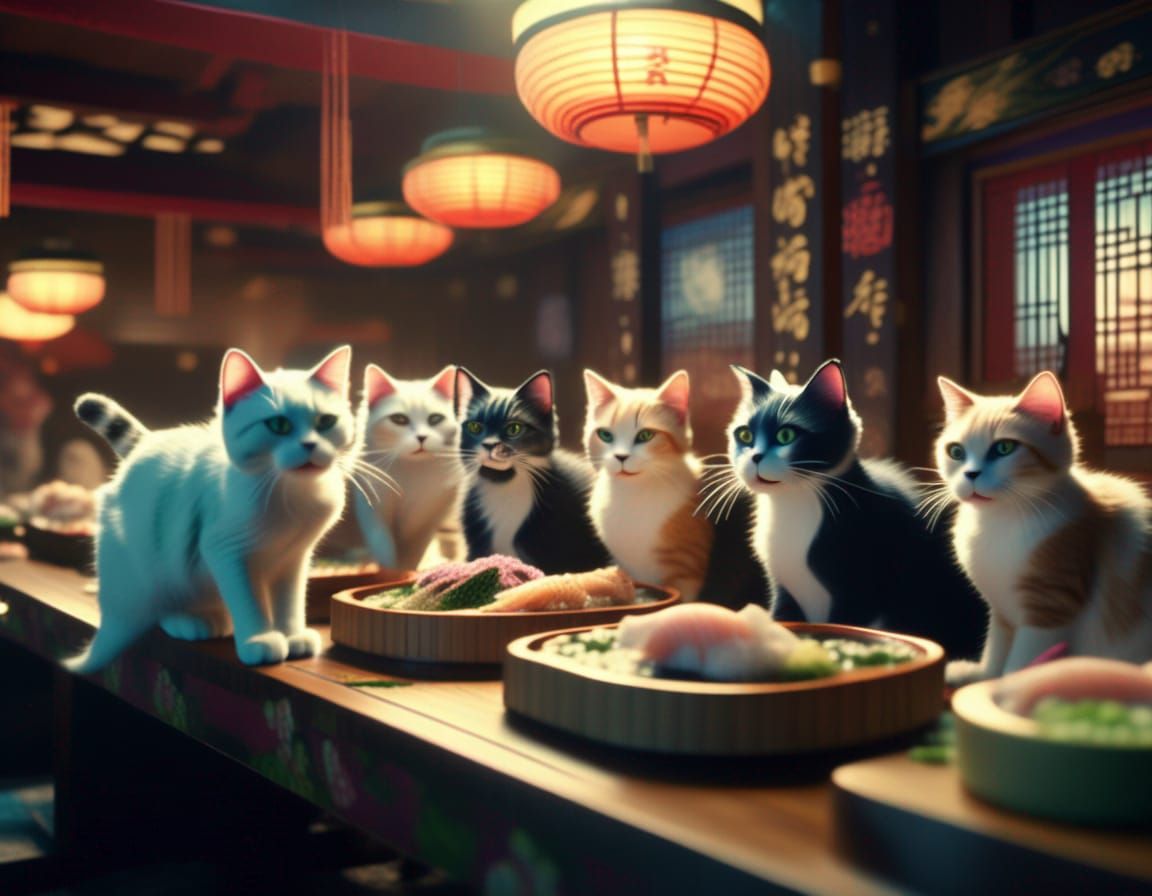 Cats Run a Sushi Bar: Epic Digital Painting