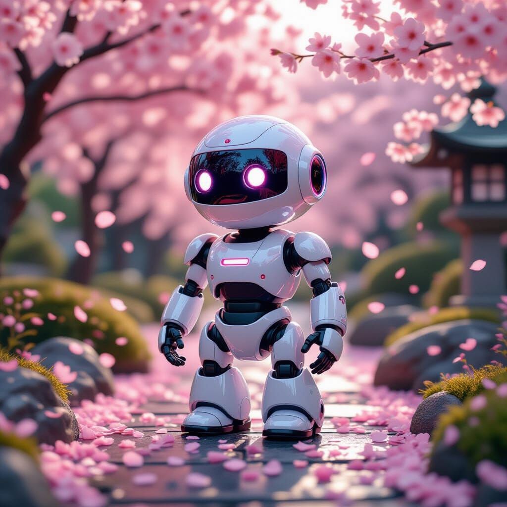 Cute White Robot with Pink Accents in Japanese Garden