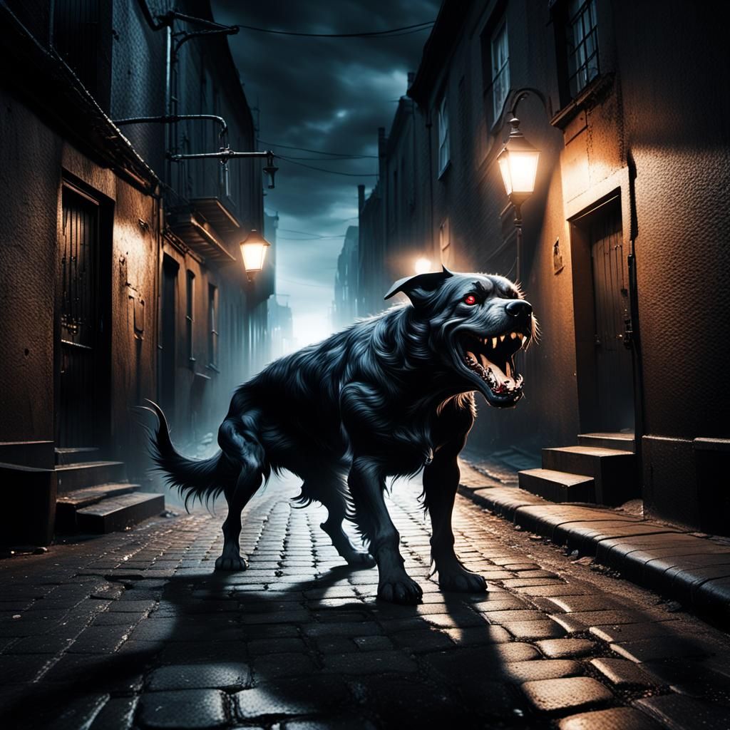 Surreal Dark Fantasy: Giant Dog in Stormy Alley