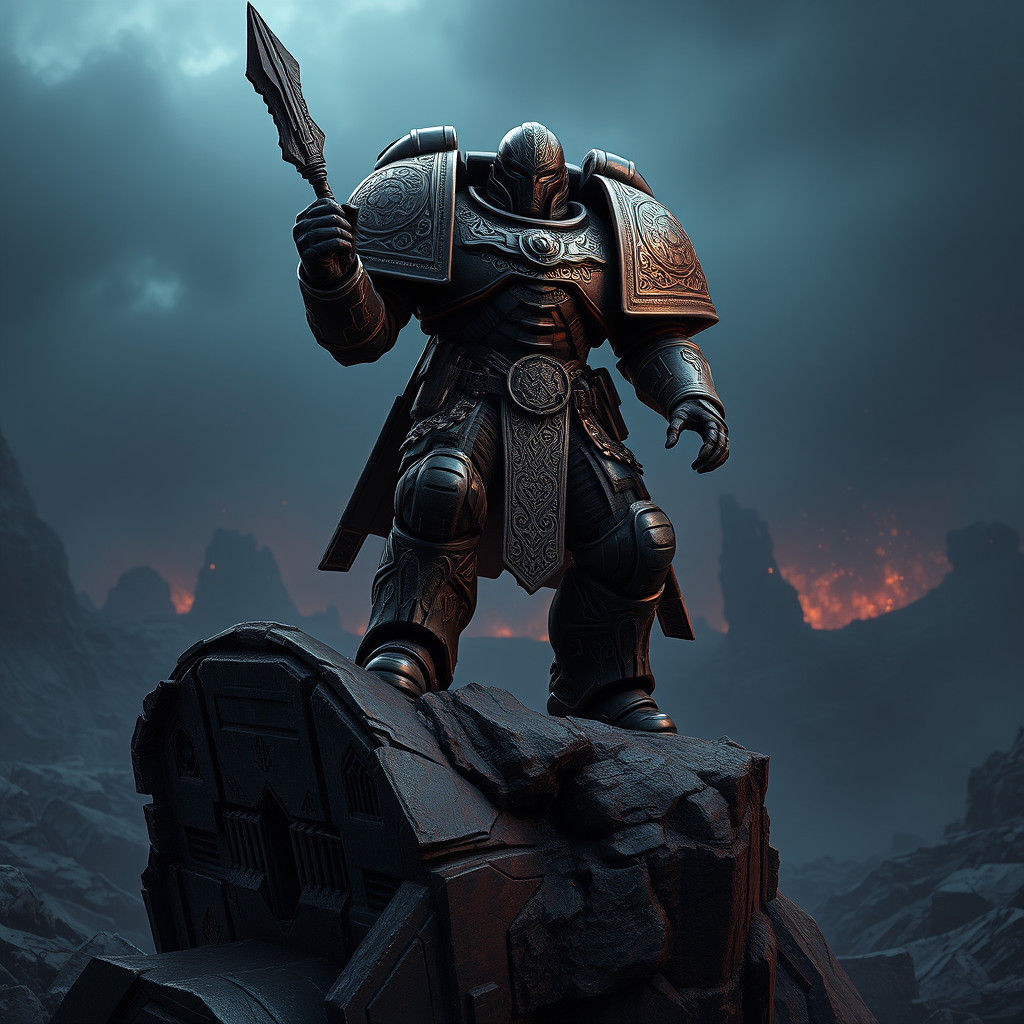Heroic Space Marine in Gothic Sci-Fi Landscape