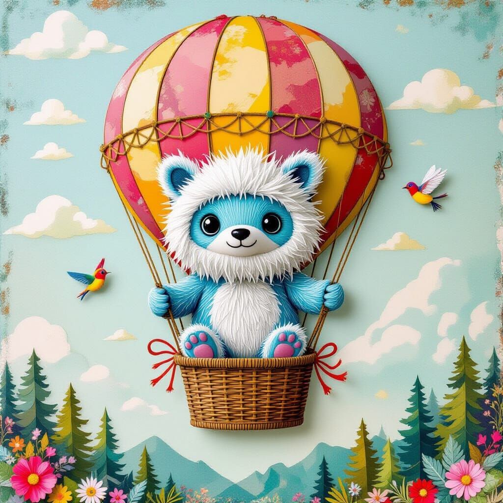 Yeti in Hot Air Balloon: Mixed Media Collage