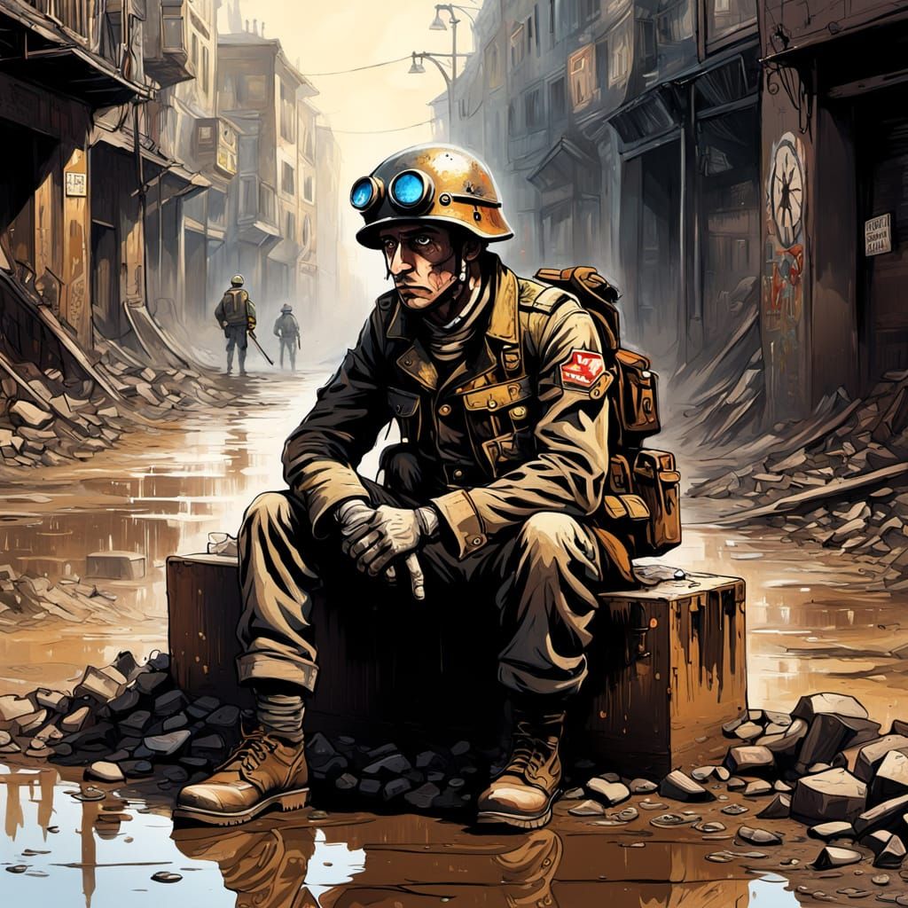 Steampunk Soldier in Muddy Trenches Confronts WWI Solitude