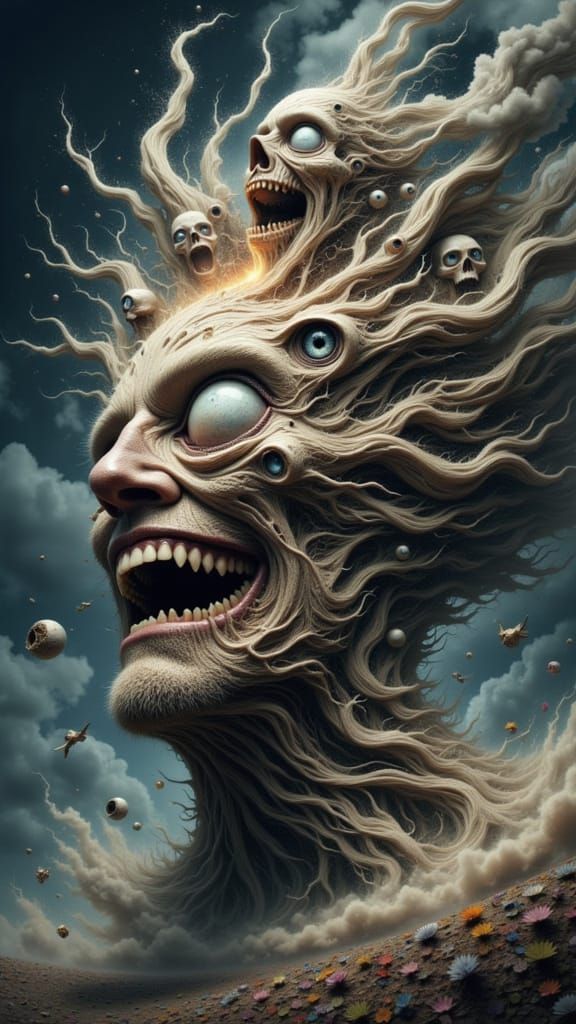 Fractal Faced Man in Windswept Dreamscape