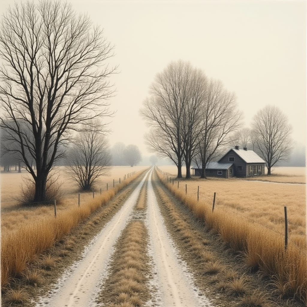 Gentle Landscape to Old Farmhouse in Snowy Evening Light