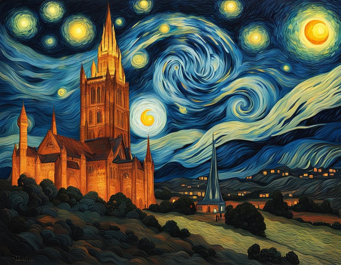 Dark Tower with Eye of Sauron in Starry Night Style