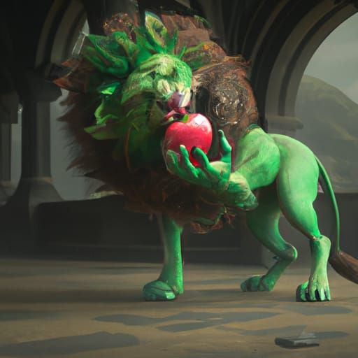 Green Lion Eating Red Apple in Detailed Matte Painting