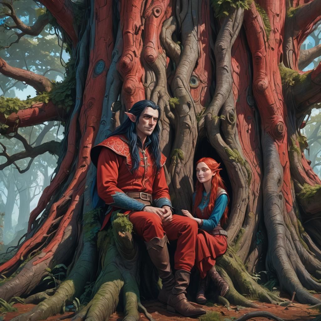 A huge tree stands at the edge of the woods. A tall male elf with very long black hair, blue eyes, smiling,wearing red ...