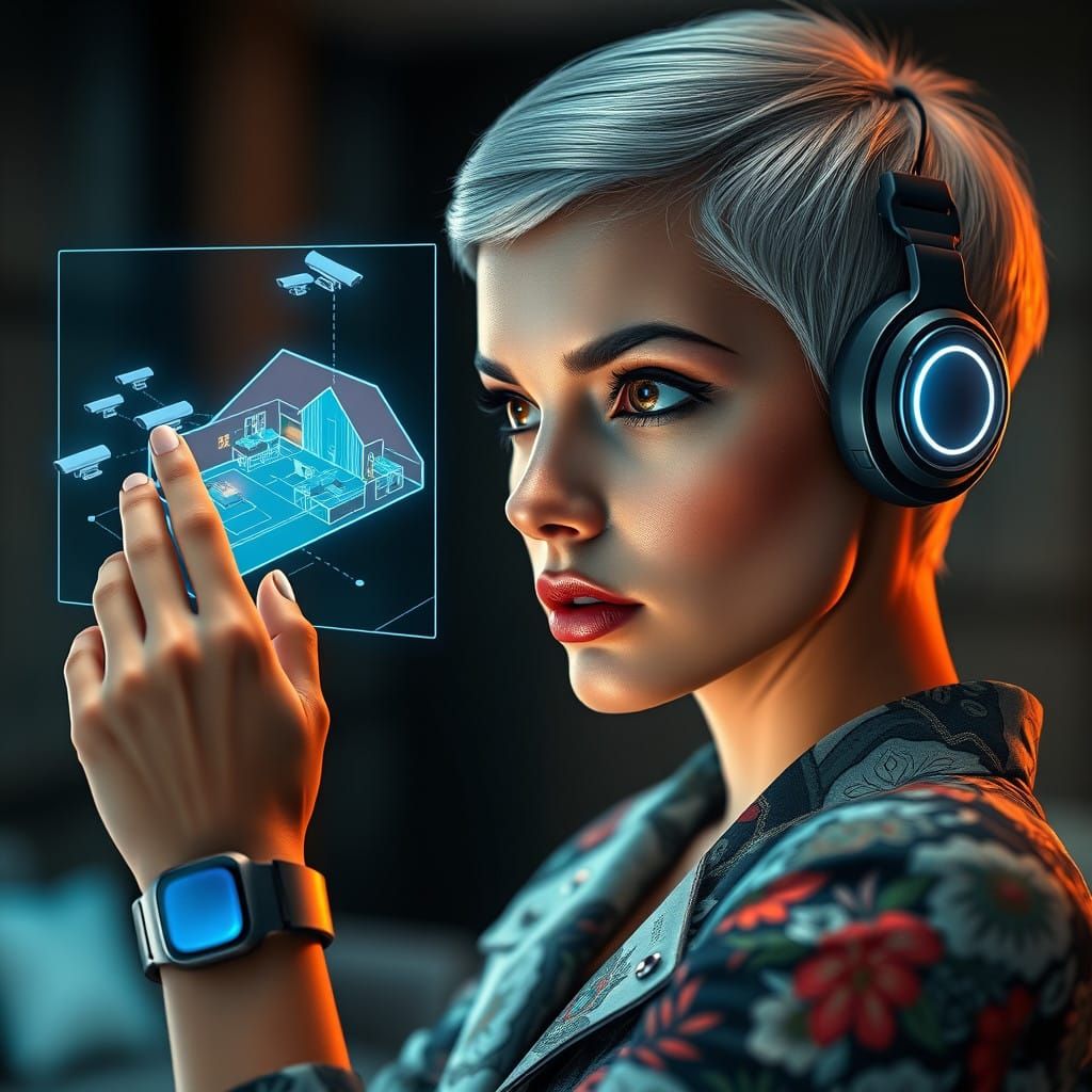 Woman in High-Tech Smart Home Interface