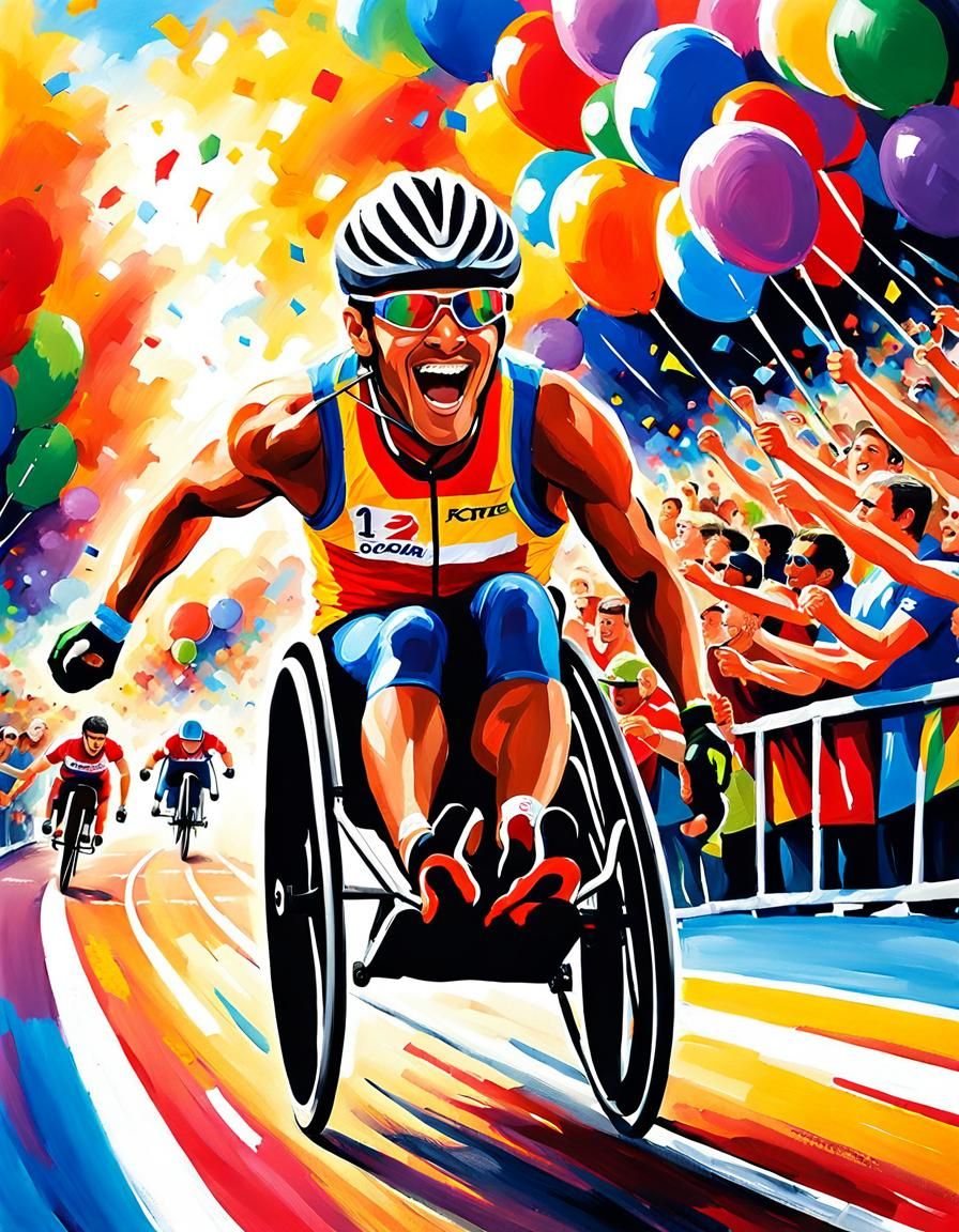 Paralympic Athlete's Triumphant Finish: Cheerful Acrylic Pai...