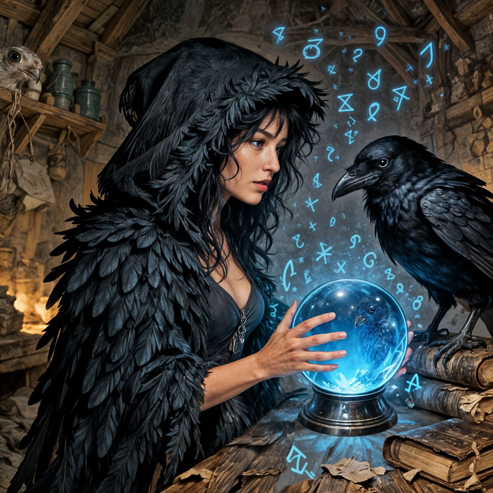Witch with Crystal Ball and Raven in Feather Cloak