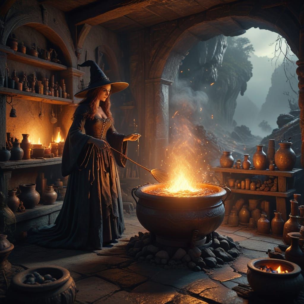 Magical Witch in a Rounded Cave of Wonders