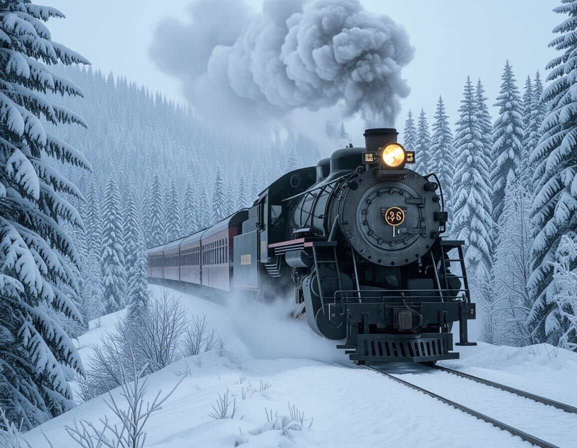 Vintage Steam Train in Snowy Mountain Pass Cinematic Style