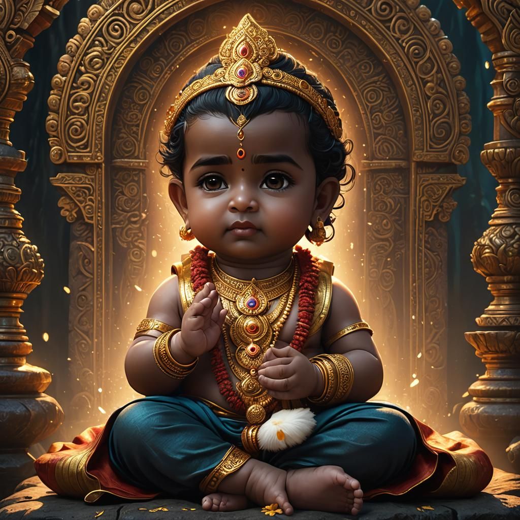 Baby Lord Murugan Praying: Detailed Fantasy Art