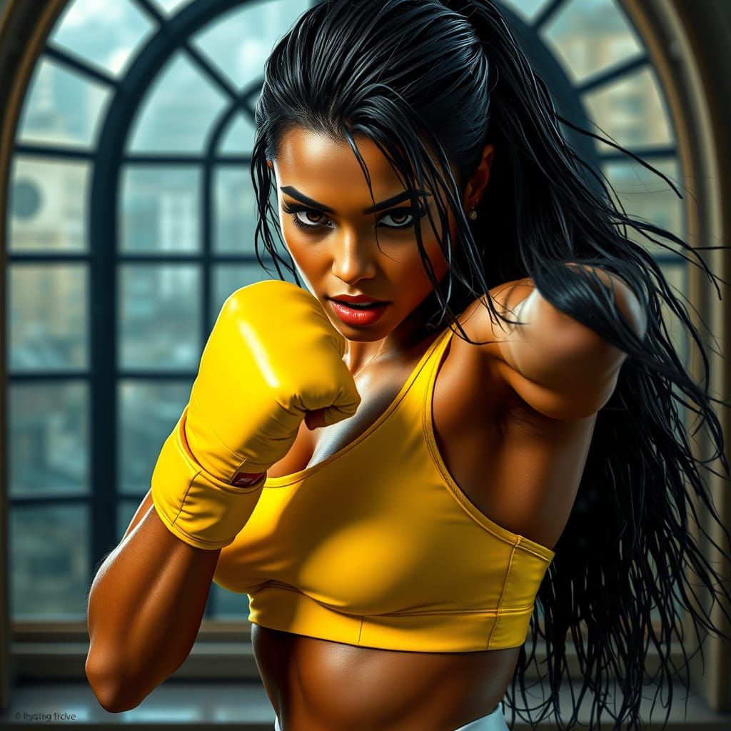 Exotic Woman's Knockout Punch in Matte Painting Style