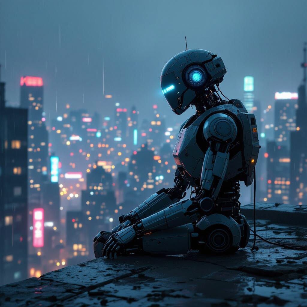 Weathered Robot Overlooks Neon Cyberpunk City at Night