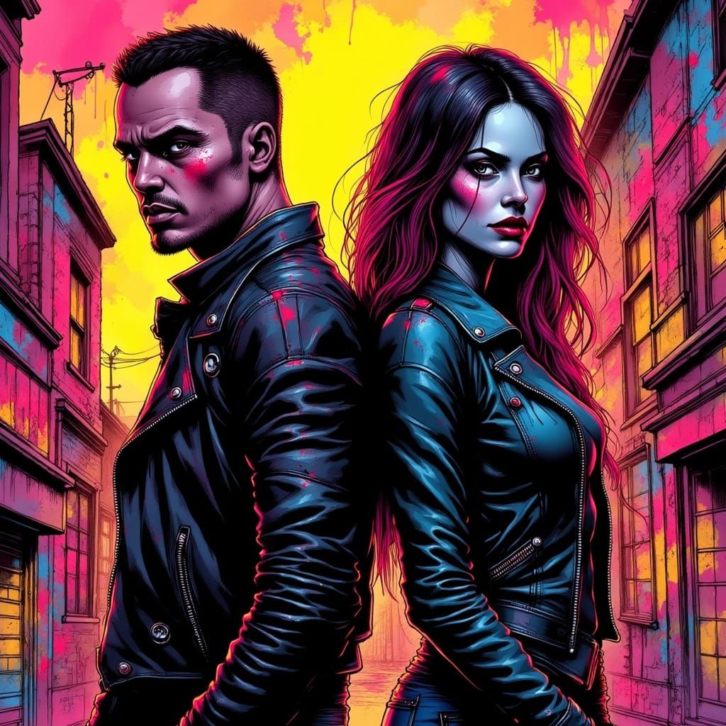 Confident Duo Exudes Menace in Graffiti Cityscape