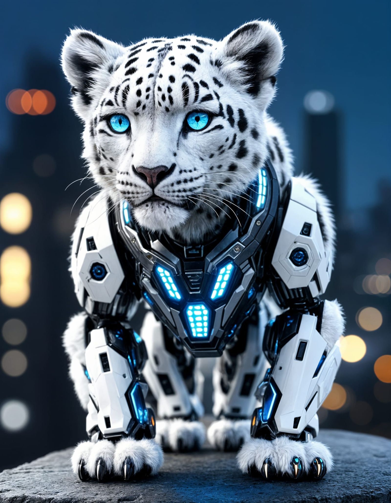 Cyborg Snow Leopard Cub with Glowing Eyes