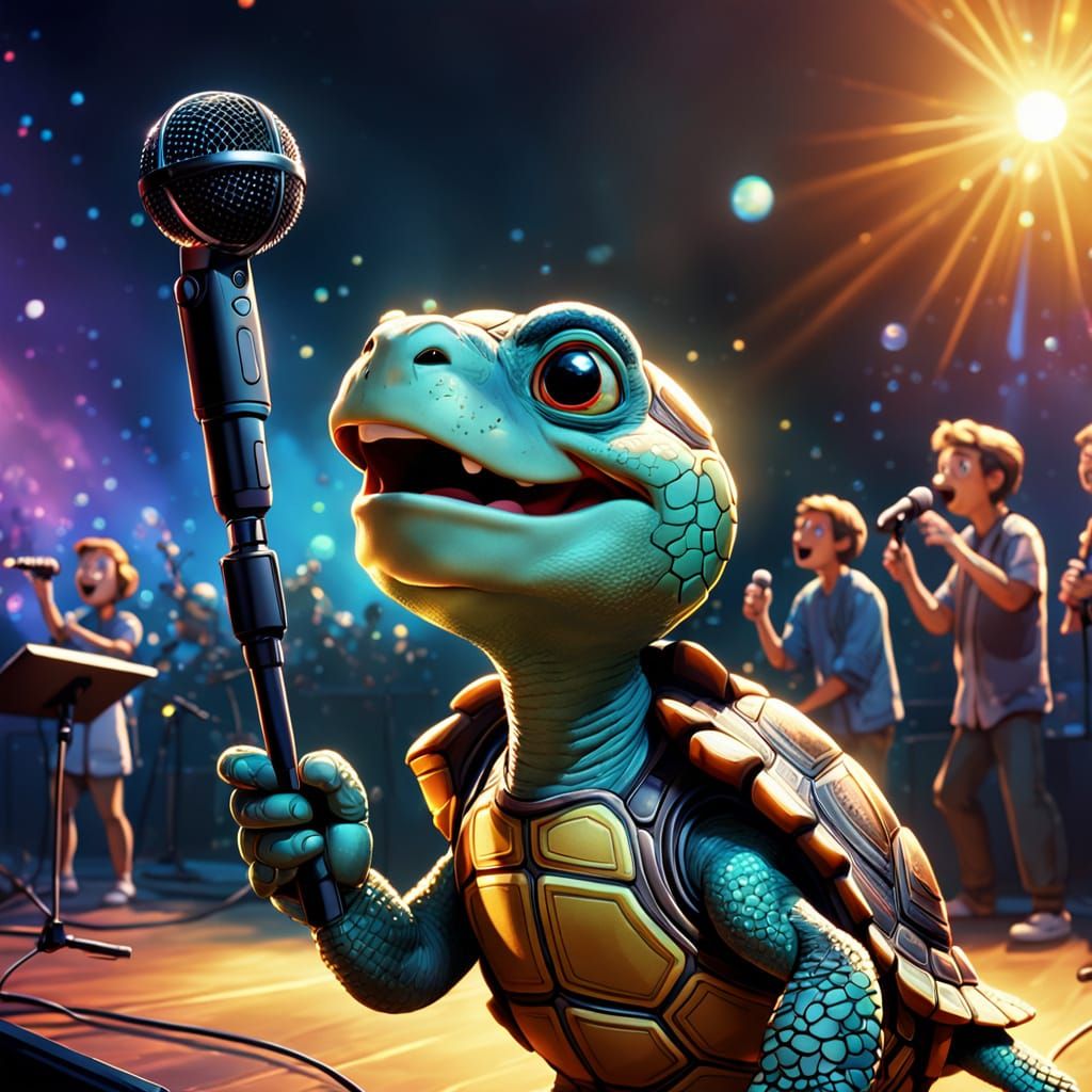 Turtle Singer on Stage in Cartoon Comedy Style