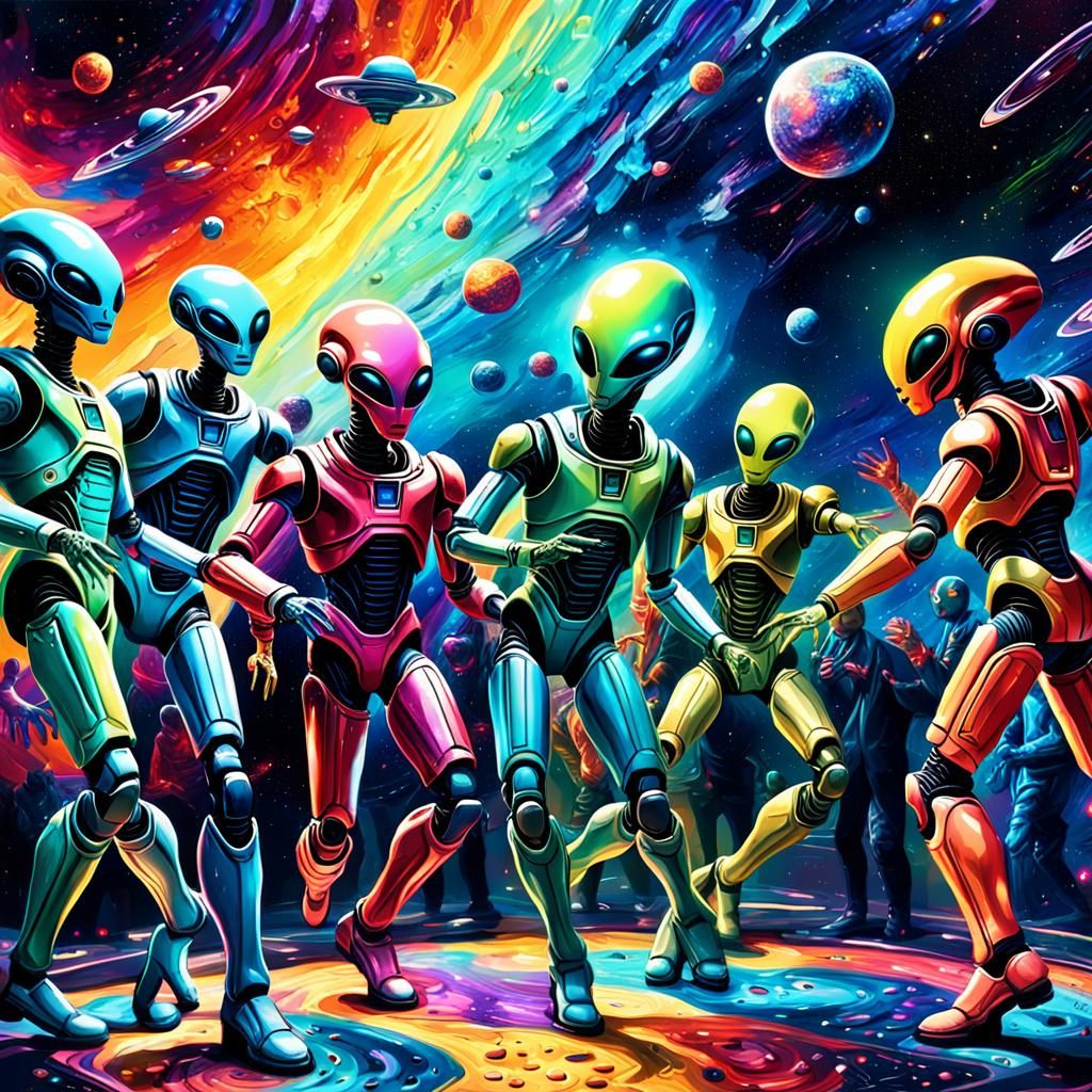 Space Party with Dancing Aliens in Expressionist Style
