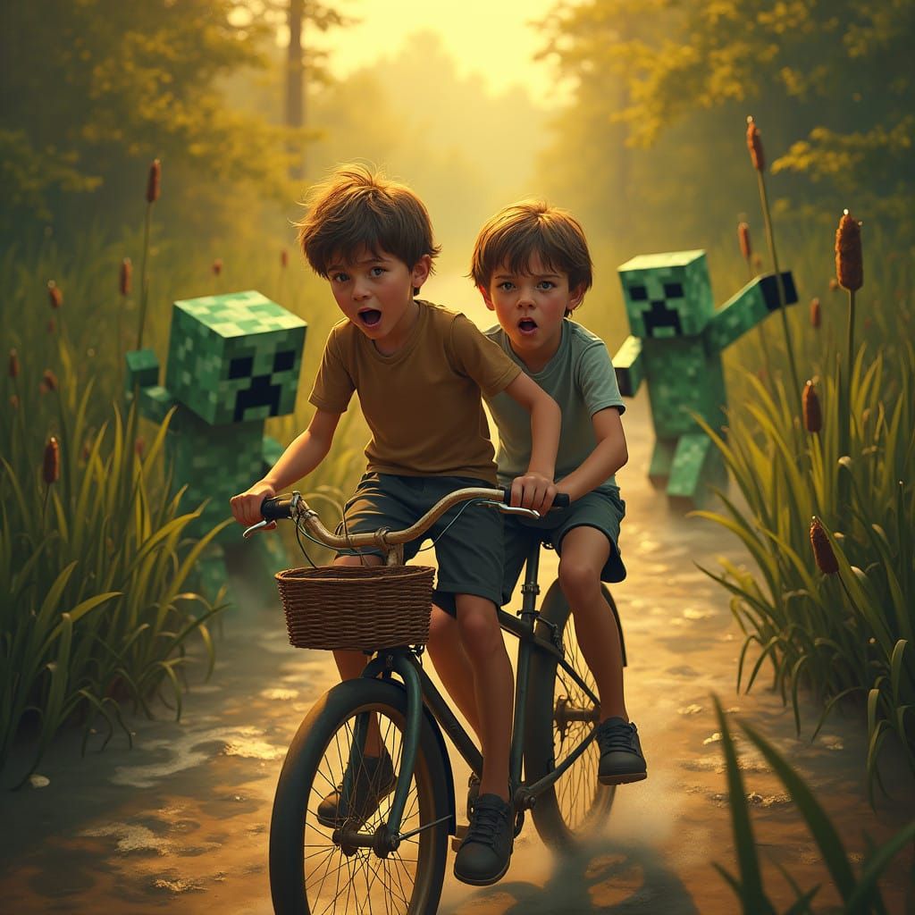 Boys Pedaling Through a Creepy Swamp as Minecraft Creepers E...